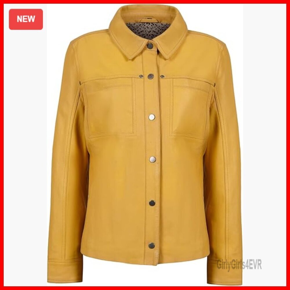 Genuine Leather Trucker Jacket, Button Front, Lightweight Women's Coat